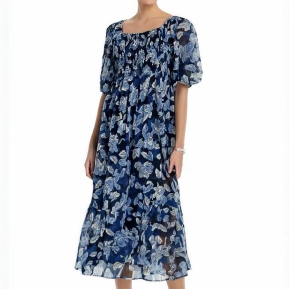 Johnny Was Aquaria Dark Blue Floral Silk Blend Midi Dress, Sz S
